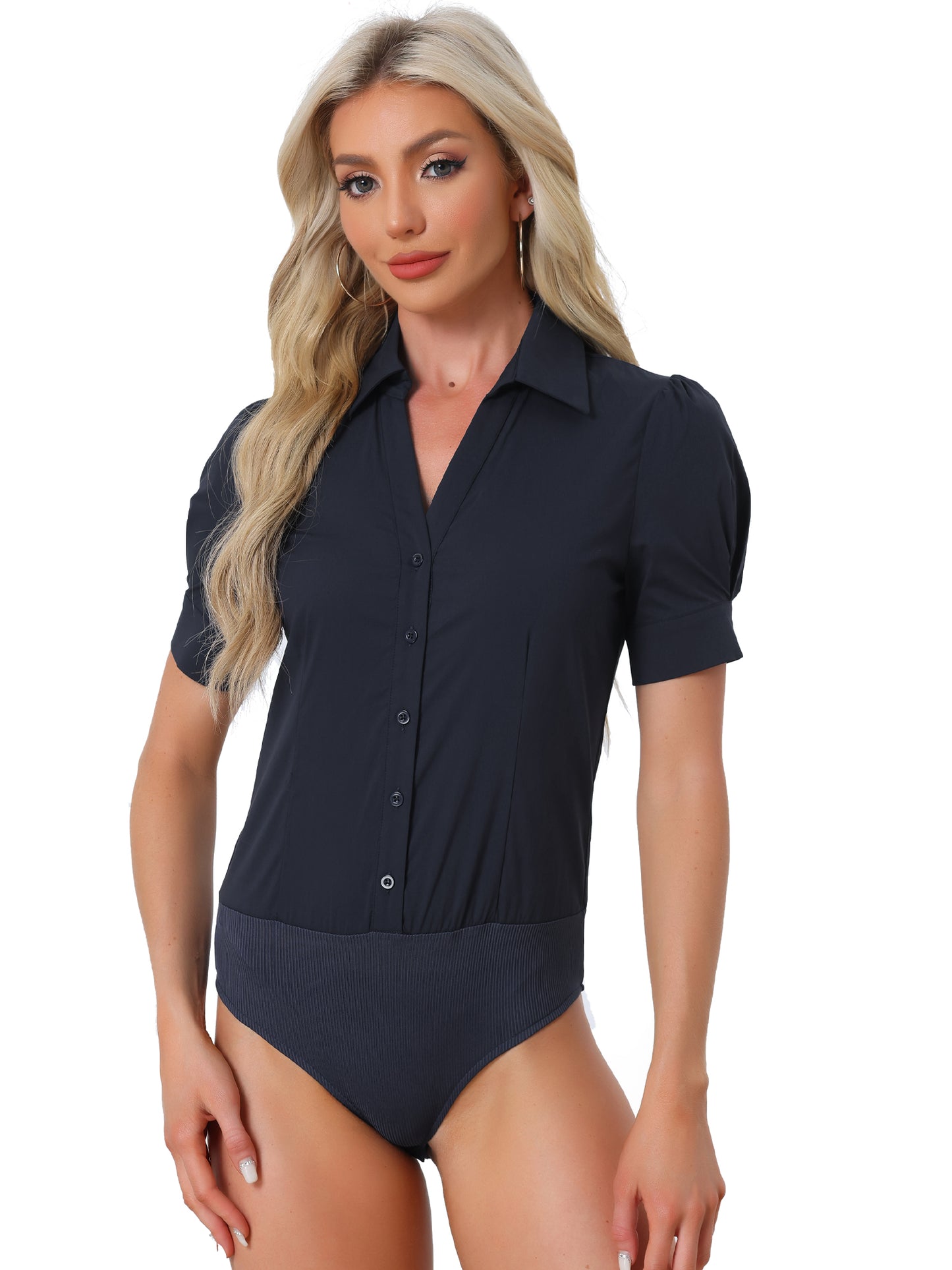 Women's Button Down Leotard Shirt Short Sleeve Collared Business Work Bodysuit Top