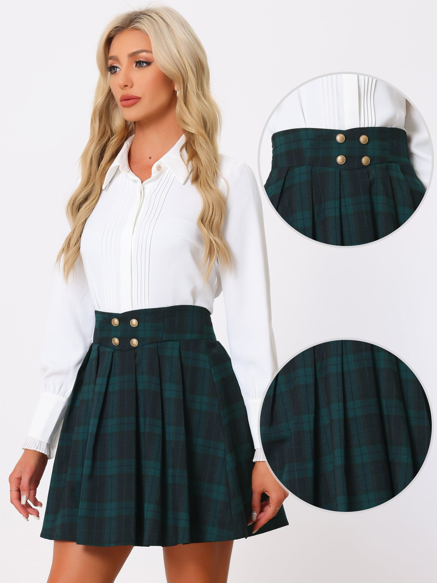 Women's Plaid Skirt Tartan Double Breasted A-Line Pleated Vintage Mini Skirts