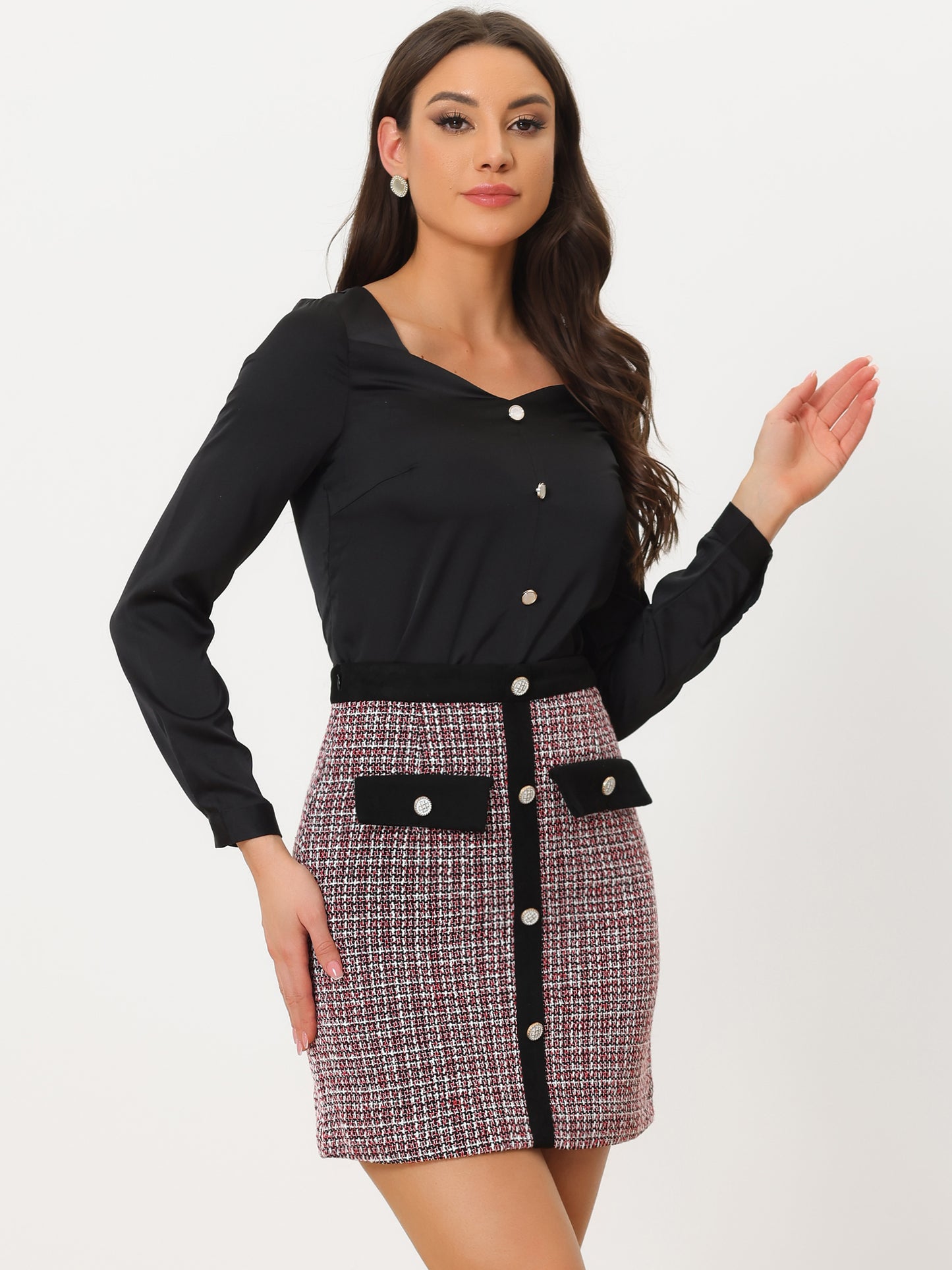 Minifalda de oficina elegante y ajustada con cintura alta y botones decorados de tweed para mujer