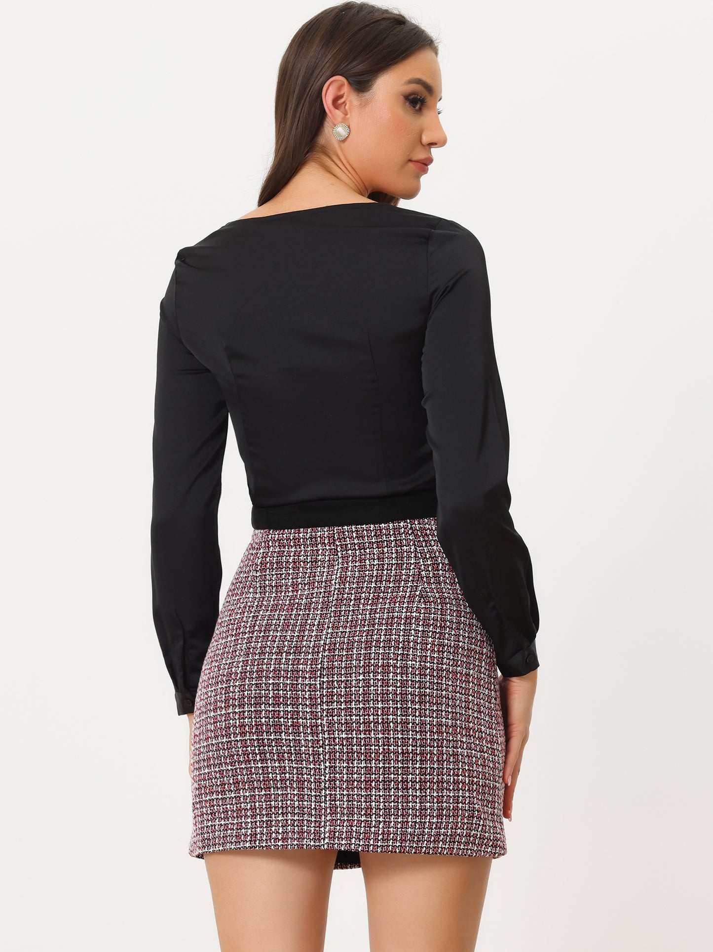 Minifalda de oficina elegante y ajustada con cintura alta y botones decorados de tweed para mujer