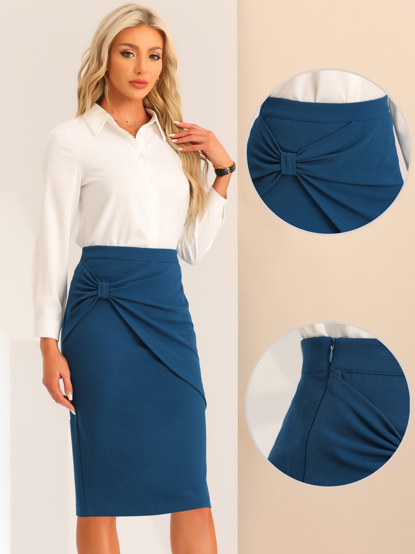 Women's Office Ruched High Waist Knee Length Wear to Work Pencil Bodycon Skirt