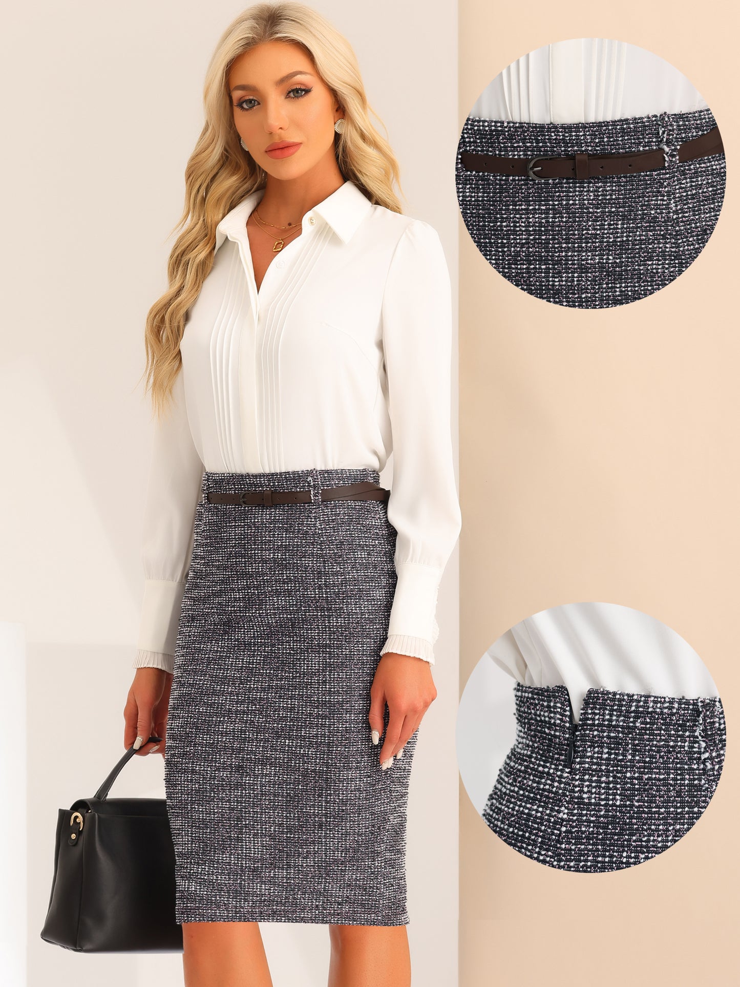 Women's Plaid Tweed Belted High Waist Knee Length Bodycon Retro Workwear Pencil Skirt