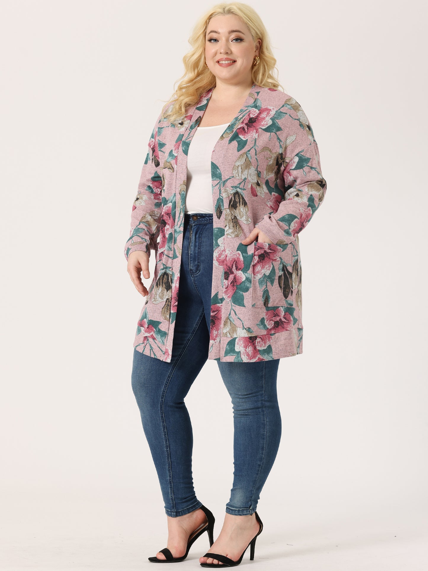 Women's Plus Size Lightweight Casual Long Sleeve Floral Knit Cardigans with Pockets