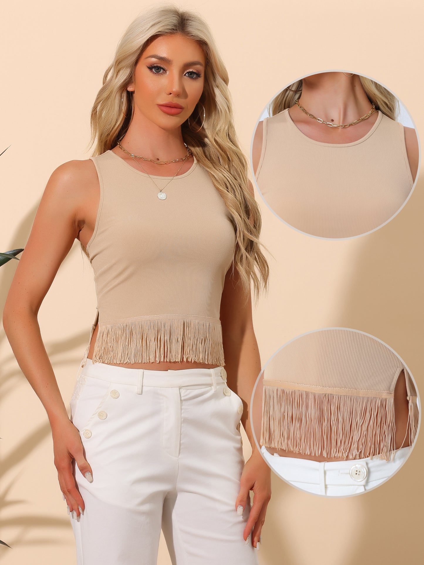 Women's Fringe Tank Top Casual Sleeveless Tassel Racerback Ribbed Knit Crop Top