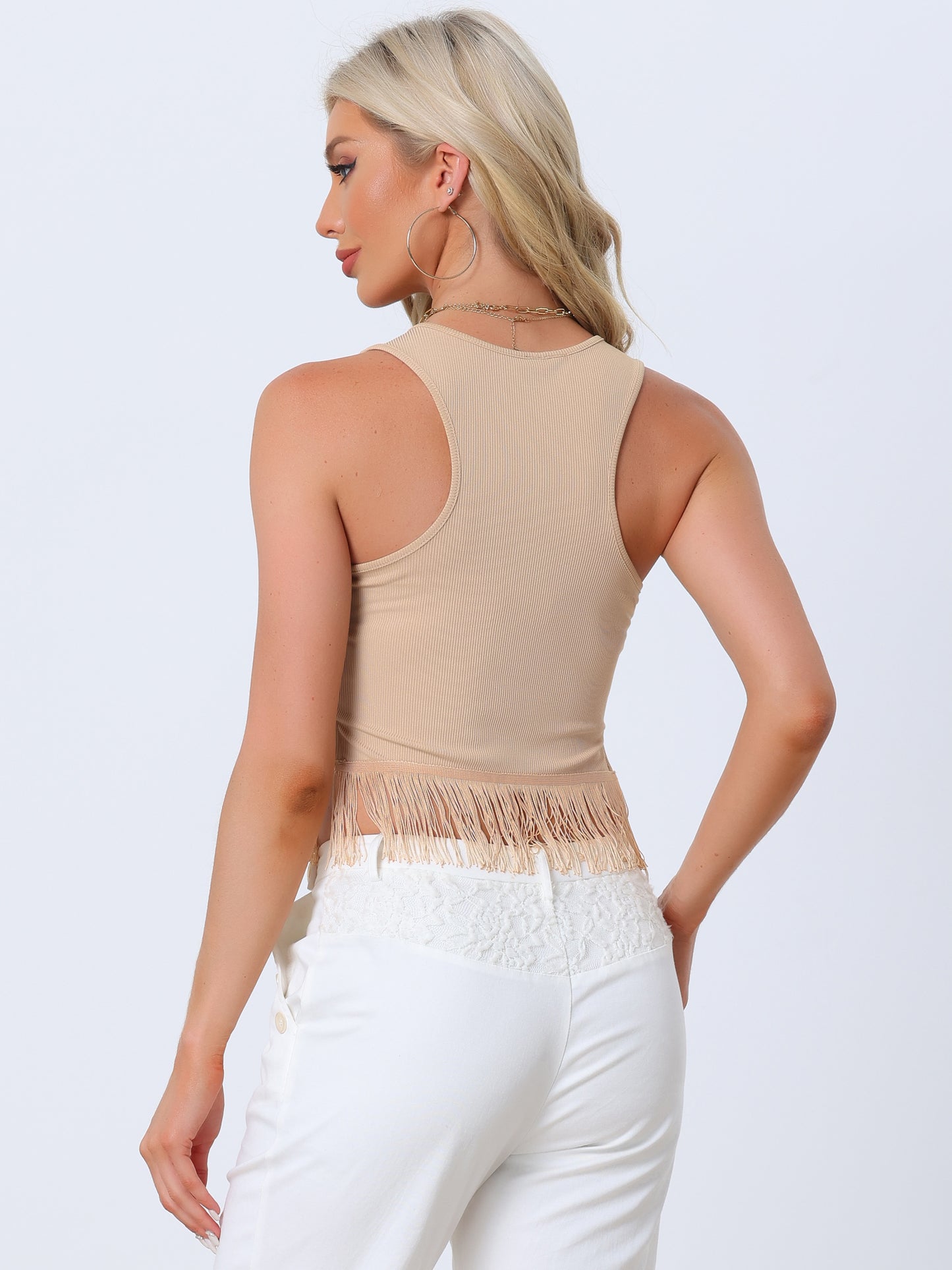Women's Fringe Tank Top Casual Sleeveless Tassel Racerback Ribbed Knit Crop Top