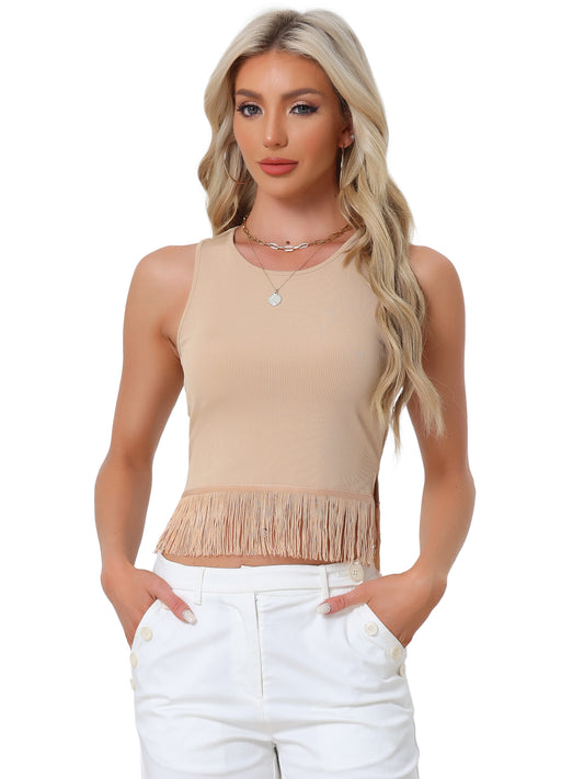 Women's Fringe Tank Top Casual Sleeveless Tassel Racerback Ribbed Knit Crop Top