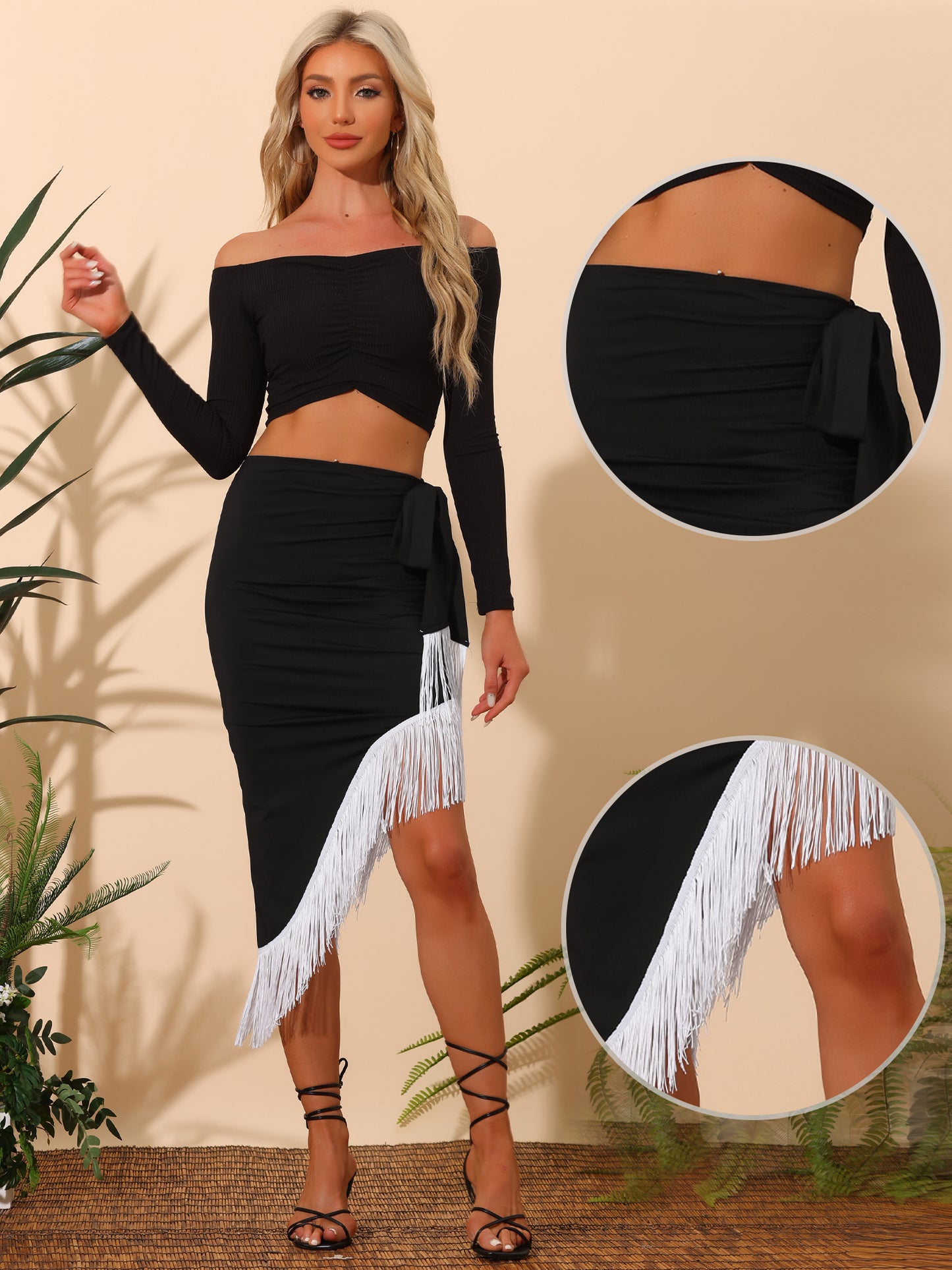 Women's Fringe Trim Bodycon Skirt Asymmetrical Ruched Tie Waist Party Midi Skirts