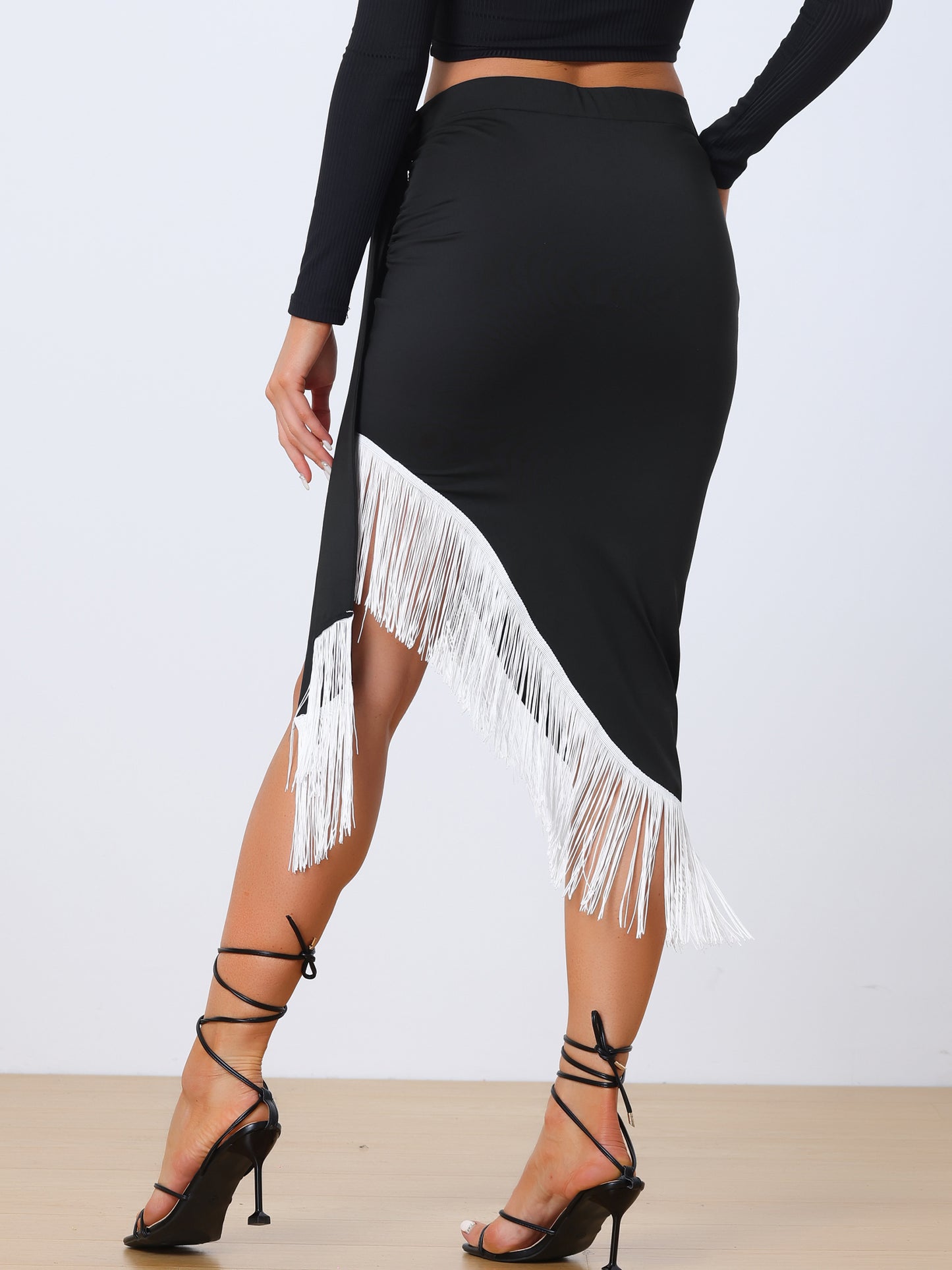Women's Fringe Trim Bodycon Skirt Asymmetrical Ruched Tie Waist Party Midi Skirts
