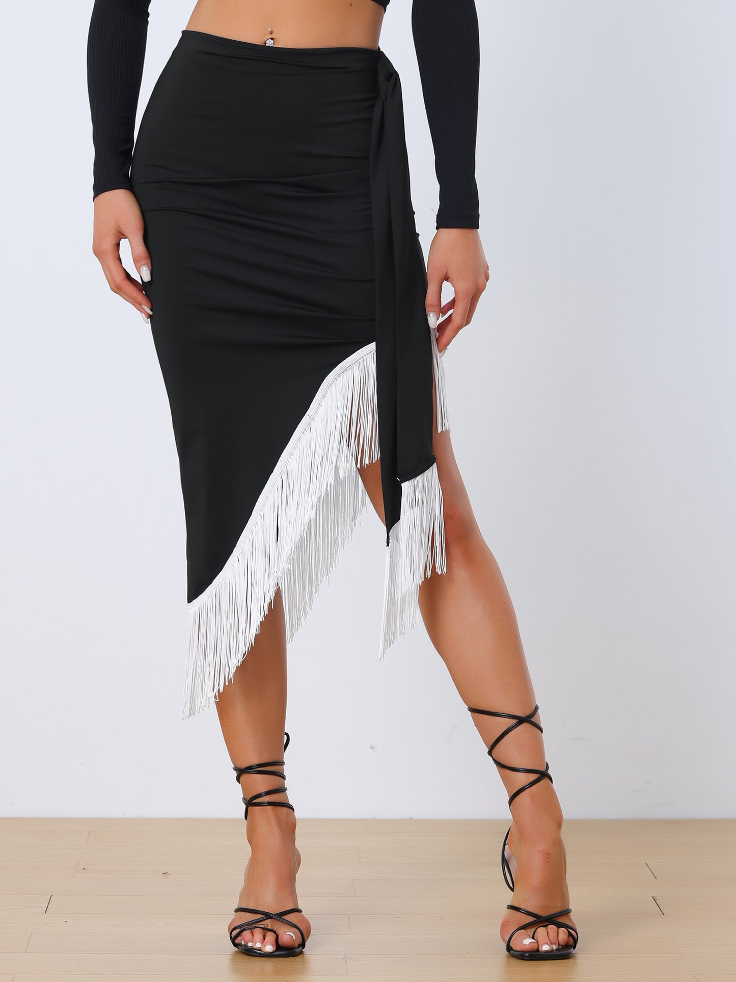 Women's Fringe Trim Bodycon Skirt Asymmetrical Ruched Tie Waist Party Midi Skirts