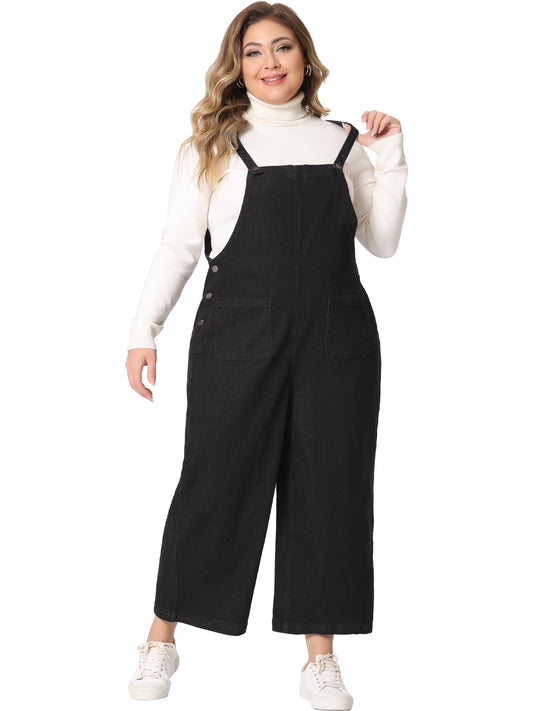 Women Plus Size Denim Bib Overalls Classic Adjustable Straps Pockets Jumpsuit Jeans Pants