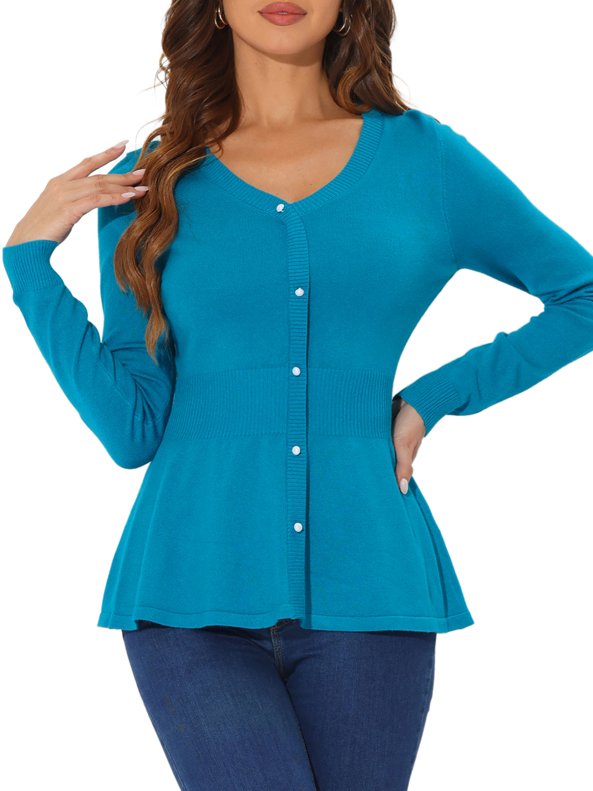 Women's Peplum Sweater V Neck Long Sleeve Knit Cinched Waist tops