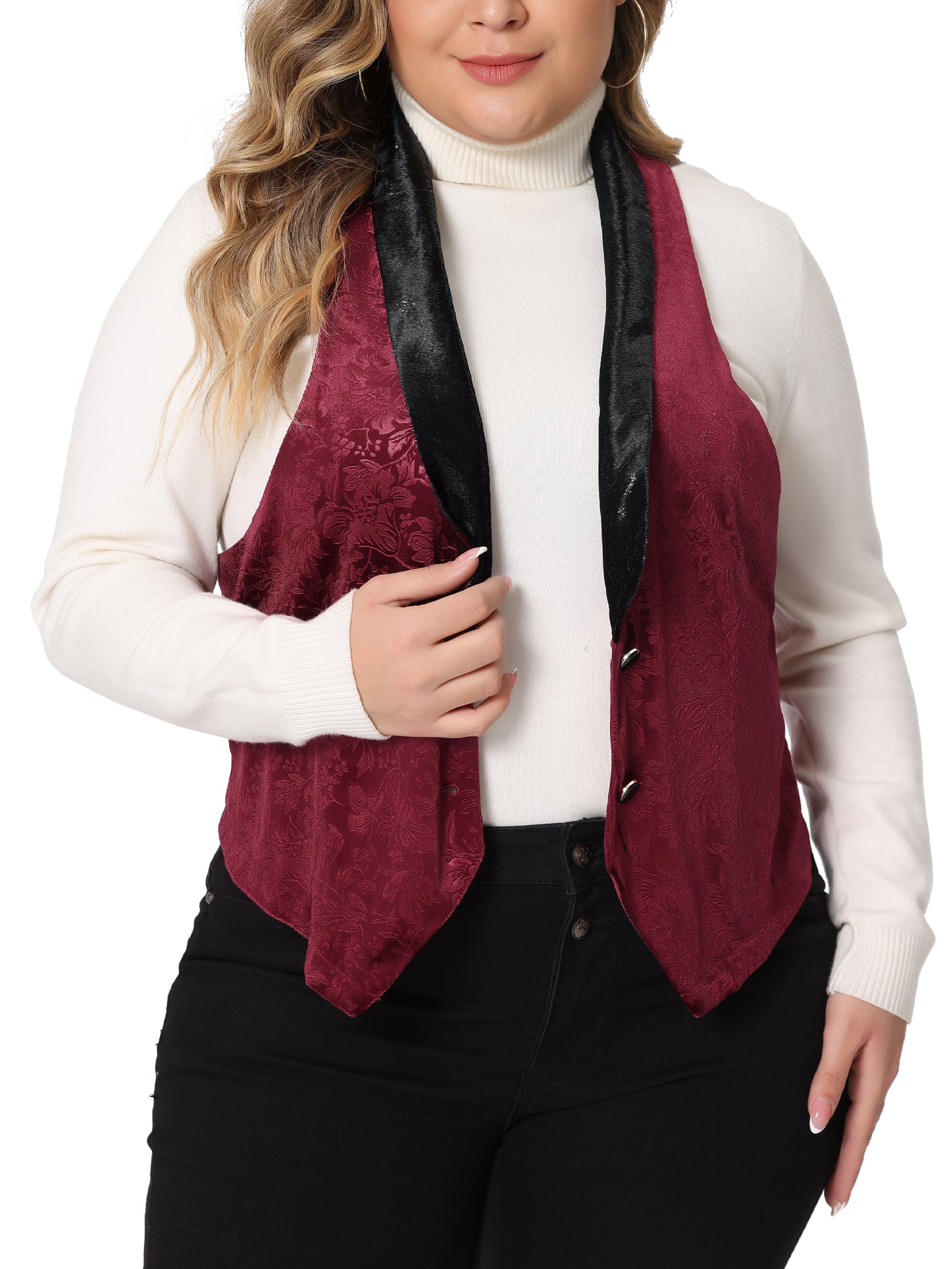 Women's Plus Size Vest Jacket Vintage Jacquard Lapel Collar Button Velvet Waistcoat