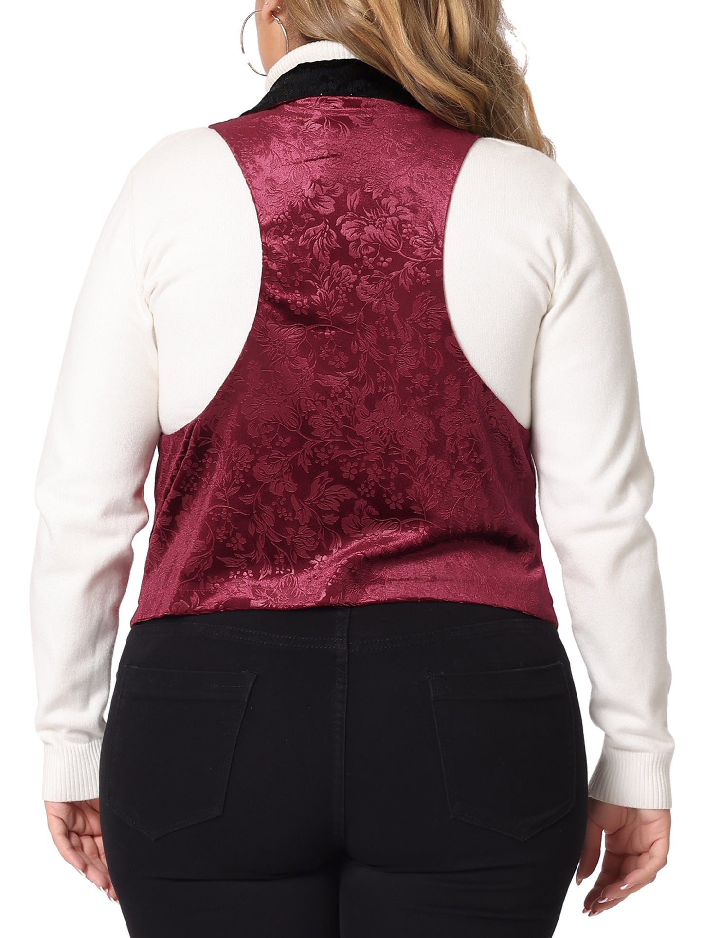 Women's Plus Size Vest Jacket Vintage Jacquard Lapel Collar Button Velvet Waistcoat
