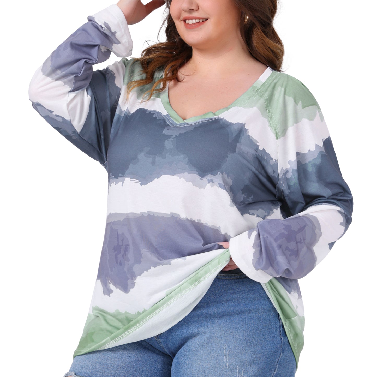 Women Plus Size Top Casual V Neck Tie Dye Summer T-Shirt