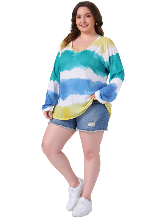 Women Plus Size Top Casual V Neck Tie Dye Summer T-Shirt