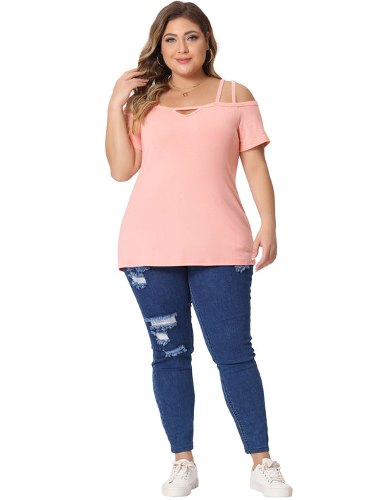 Women Plus Size Top Cold Shoulder Sexy Cut Out Short Sleeve Criss Cross Summer Casual Top