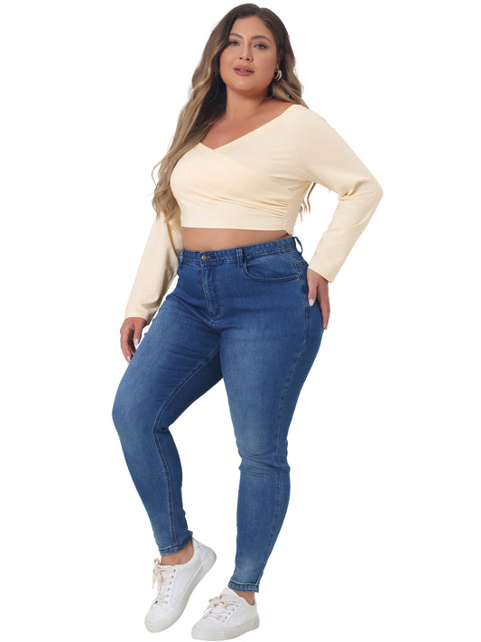 Women Plus Size Off Shoulder Top Long Sleeve Cross Wrap V Neck Casual Crop Top