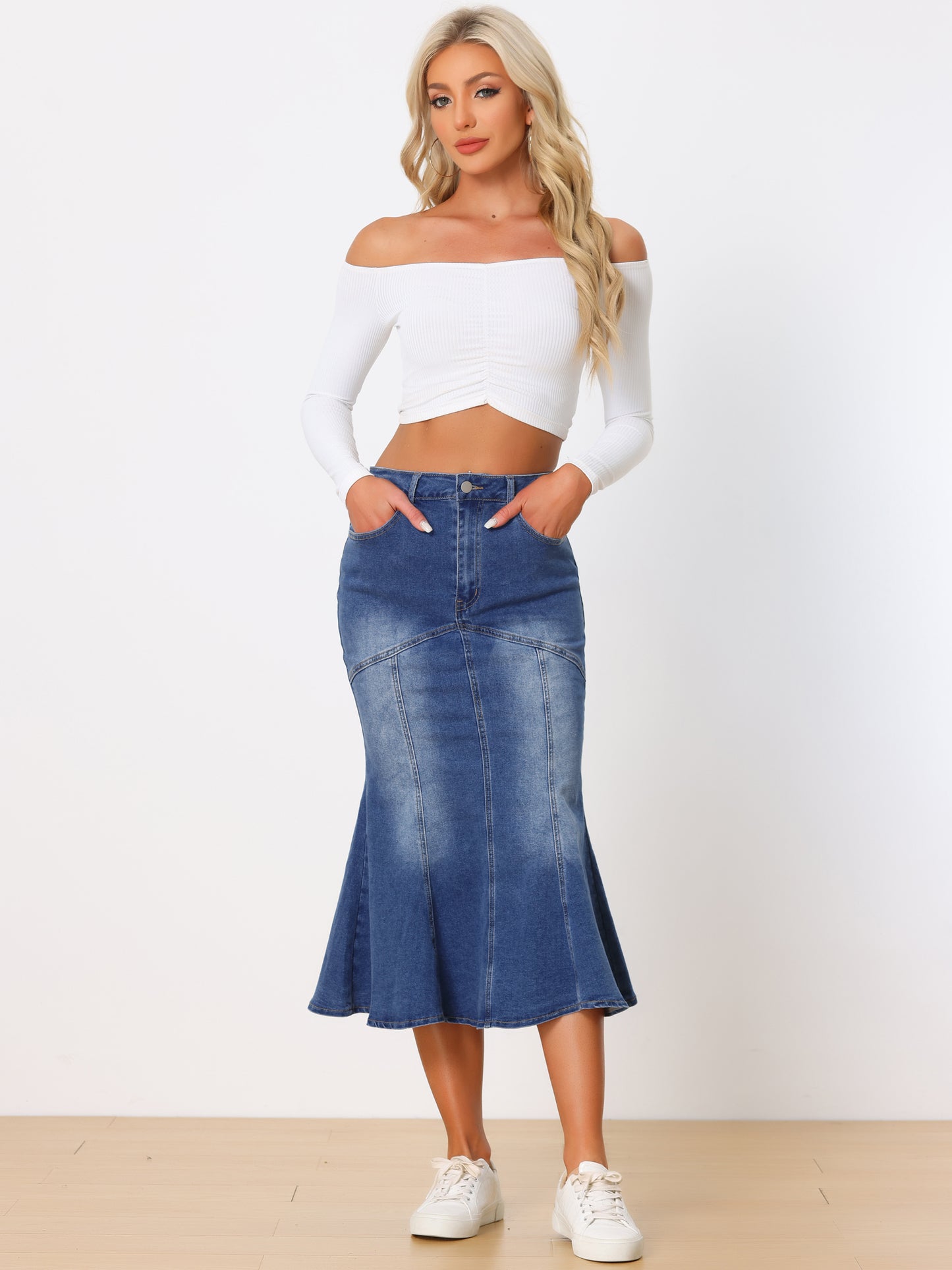 Falda vaquera de cola de pez para mujer, cintura alta, ajustada, midi, falda vaquera