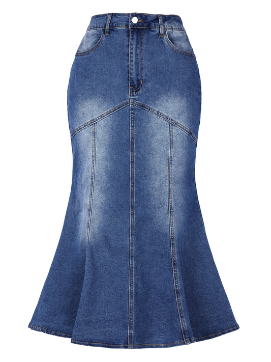 Women's Fishtail Denim High Waisted Bodycon Midi Jean Skirt