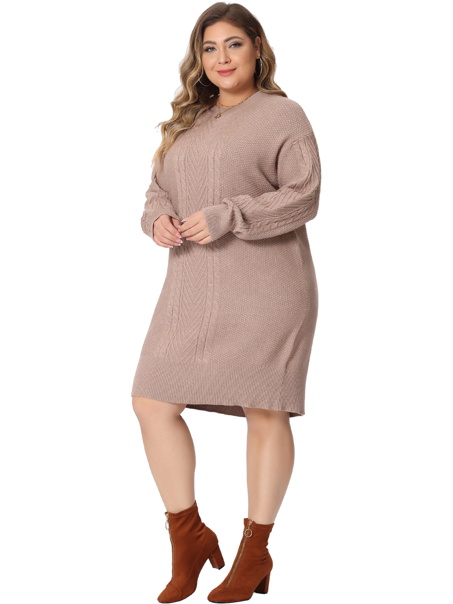Women Plus Size Fall Crewneck Long Sleeve Knit Tunic Pullover Short Sweater Dress
