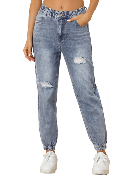 Women's Casual Ripped Distressed Cargo Denim Pants High Waisted Jogger Jeans