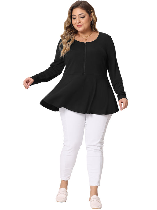 Women Plus Size Blouse Long Sleeve Half Zip Up Low Cut Ruffle Babydoll Peplum Top