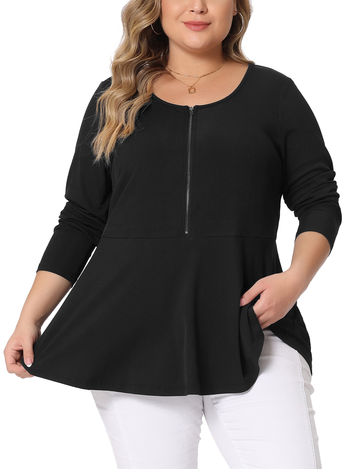 Women Plus Size Blouse Long Sleeve Half Zip Up Low Cut Ruffle Babydoll Peplum Top