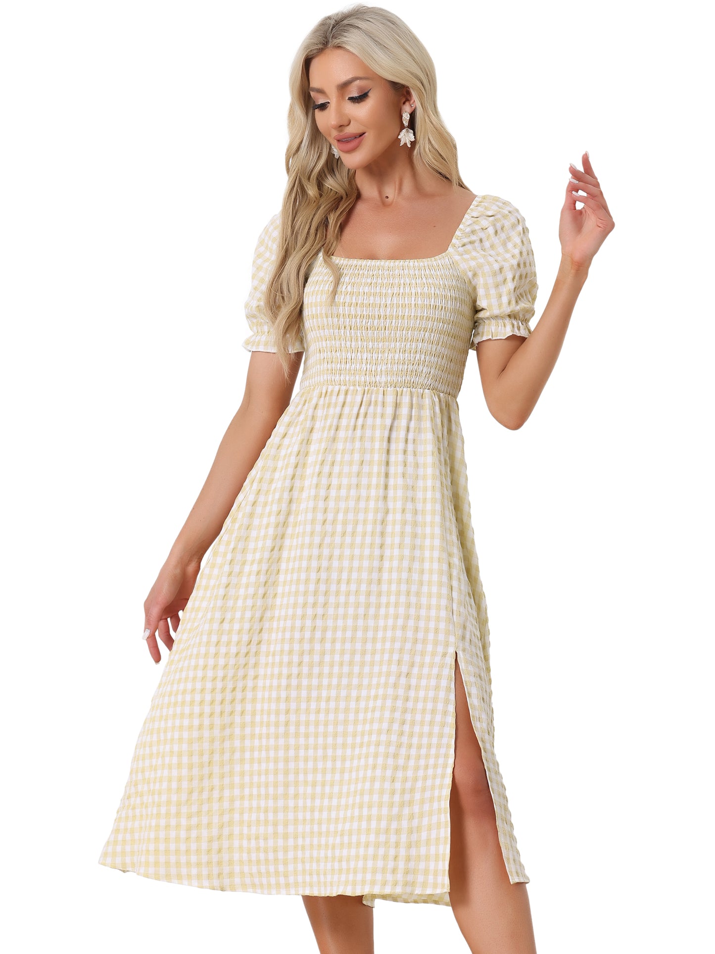 Women's Gingham Dress Peasant Smocked Puff Sleeve Checkered Fit and Flare Midi Dresses