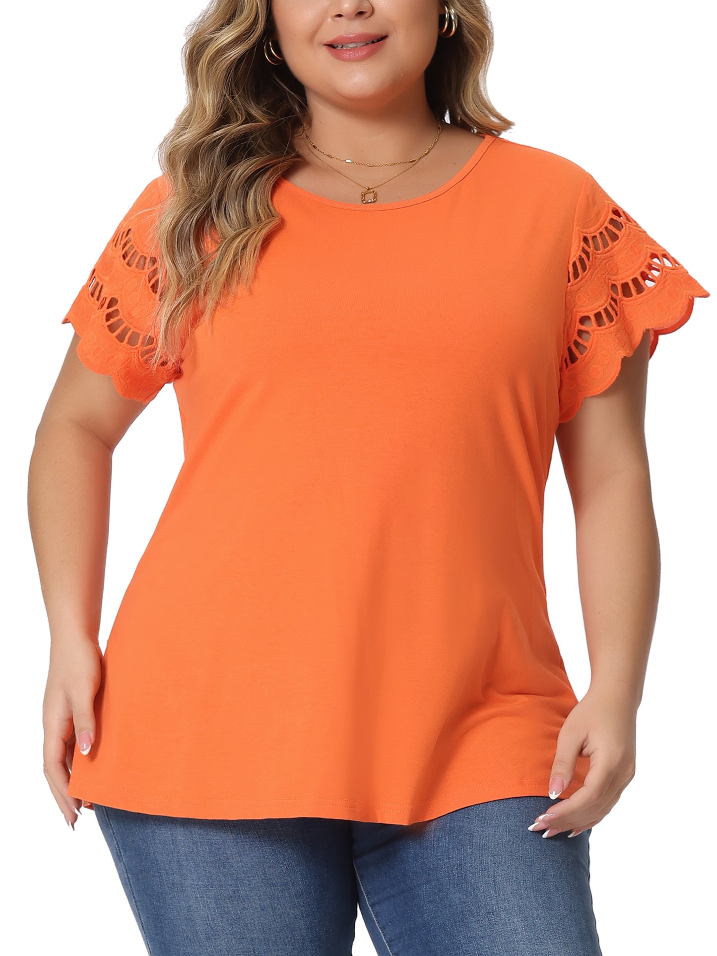 Women's Plus Size Top Round Neck Lace Panel Hollow Short Sleeve Elegant Summer Blouse