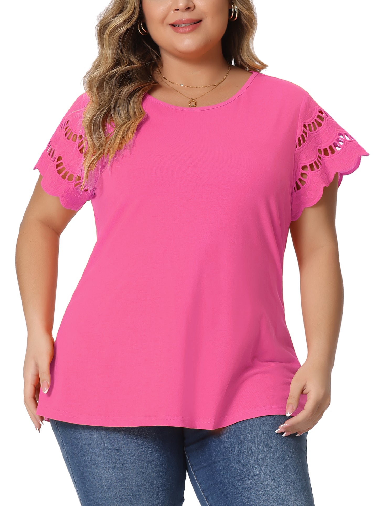Women's Plus Size Top Round Neck Lace Panel Hollow Short Sleeve Elegant Summer Blouse