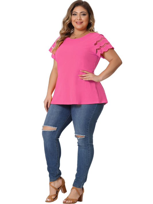 Women's Plus Size Top Round Neck Lace Panel Hollow Short Sleeve Elegant Summer Blouse