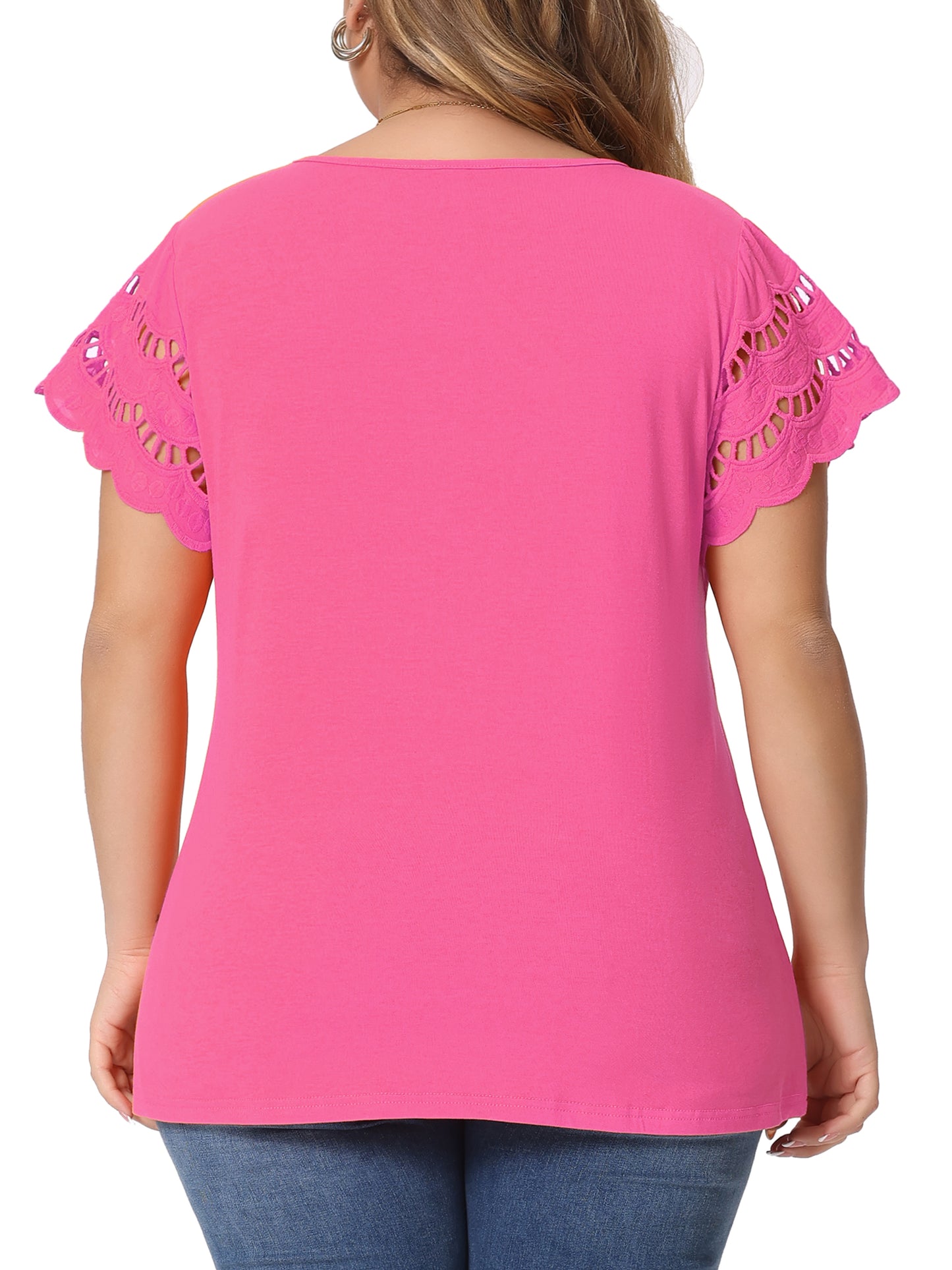 Women's Plus Size Top Round Neck Lace Panel Hollow Short Sleeve Elegant Summer Blouse