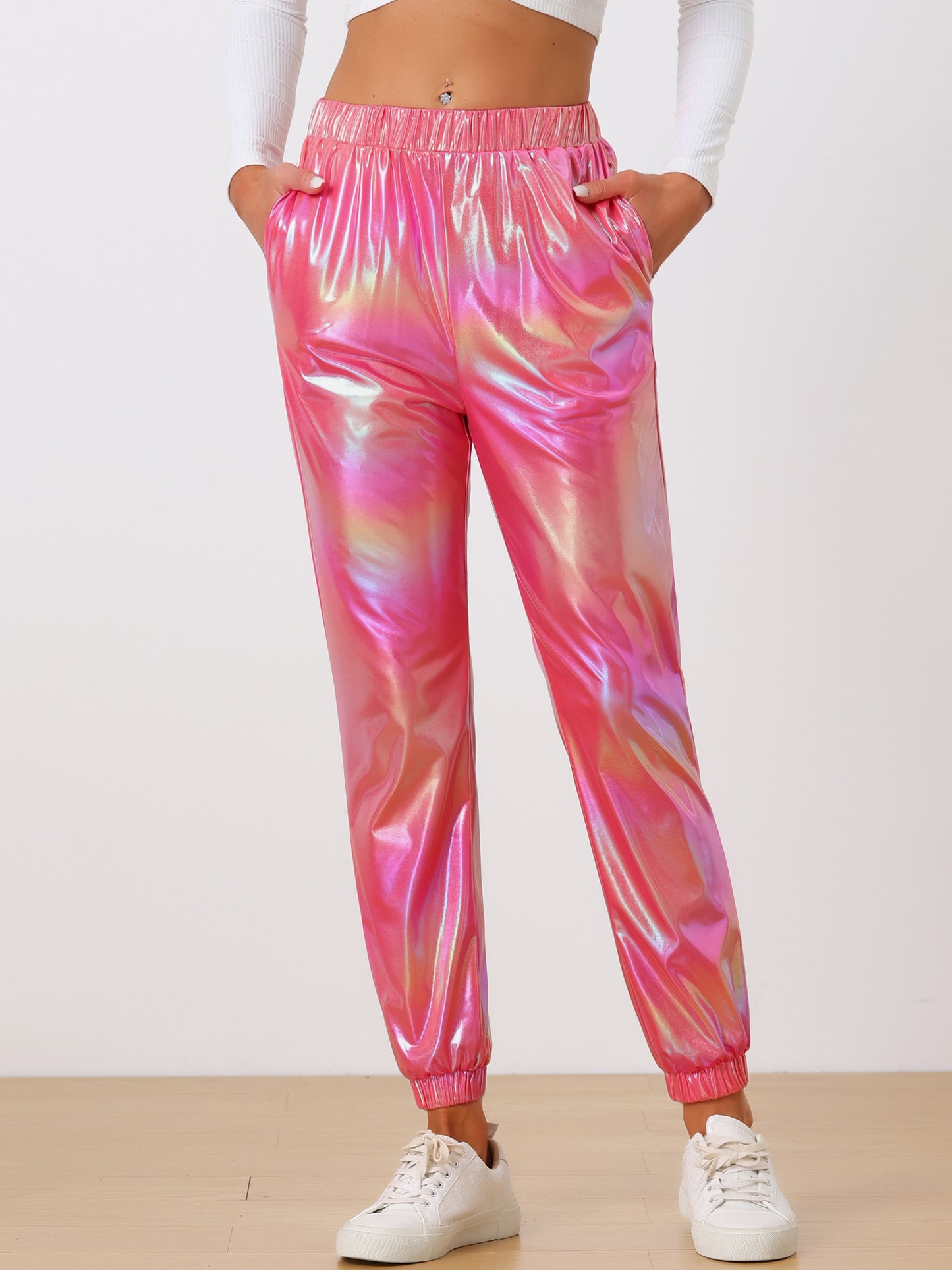 Women's Metallic Trousers Festive Shiny Sparkle Elastic Waist Holographic Pants