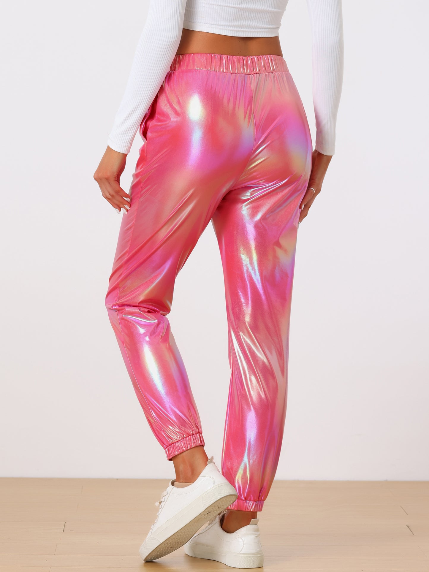 Women's Metallic Trousers Festive Shiny Sparkle Elastic Waist Holographic Pants