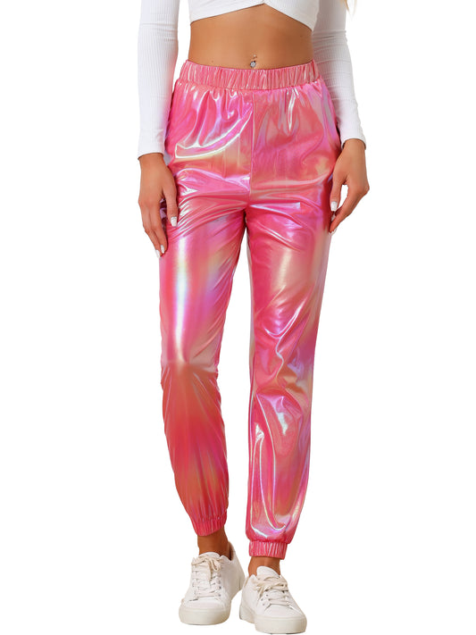 Women's Metallic Trousers Festive Shiny Sparkle Elastic Waist Holographic Pants