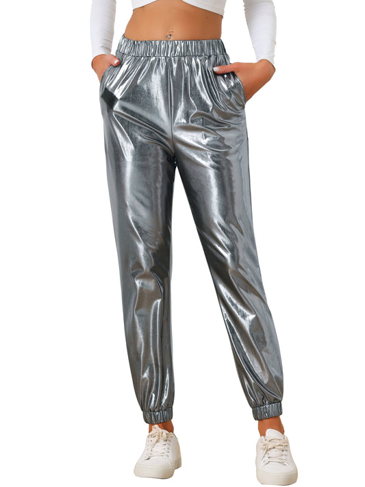 Women's Metallic Trousers Festive Shiny Sparkle Elastic Waist Holographic Pants