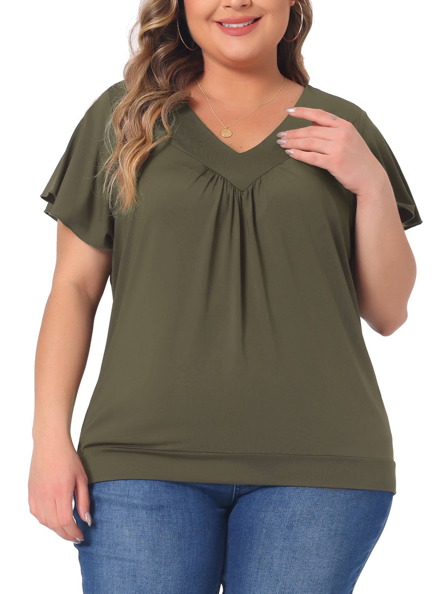 Women Plus Size Top V Neck Ruffle Short Sleeve Blouse Summer Tee Top