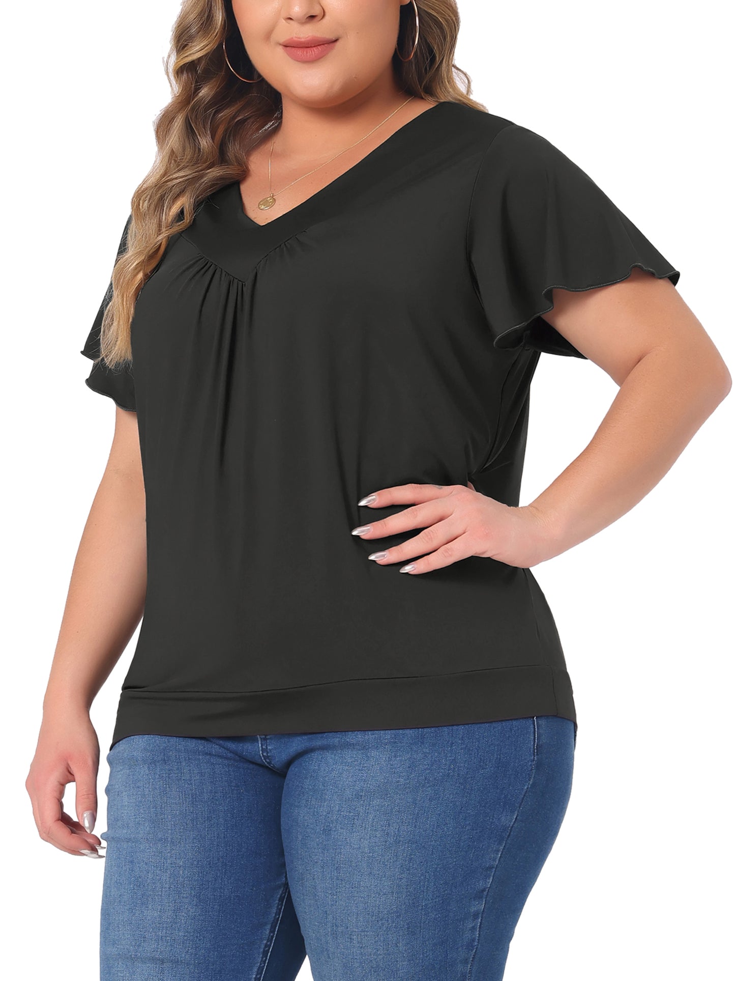 Women Plus Size Top V Neck Ruffle Short Sleeve Blouse Summer Tee Top