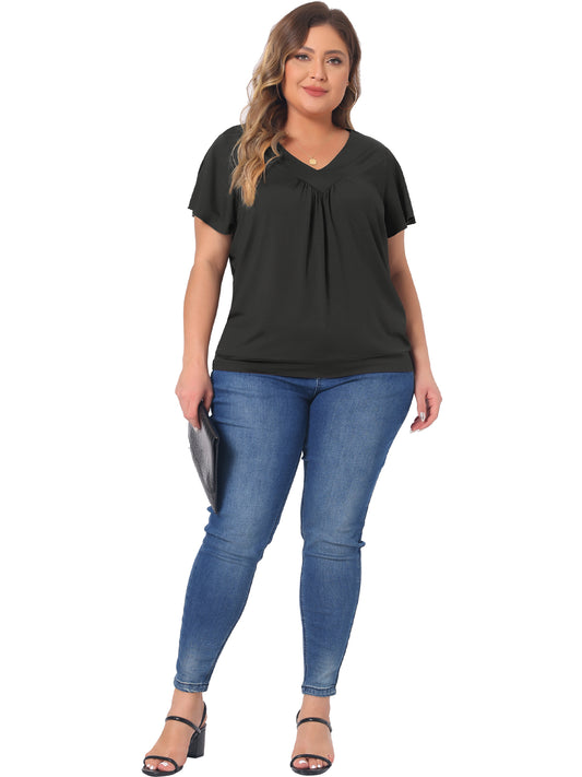 Women Plus Size Top V Neck Ruffle Short Sleeve Blouse Summer Tee Top