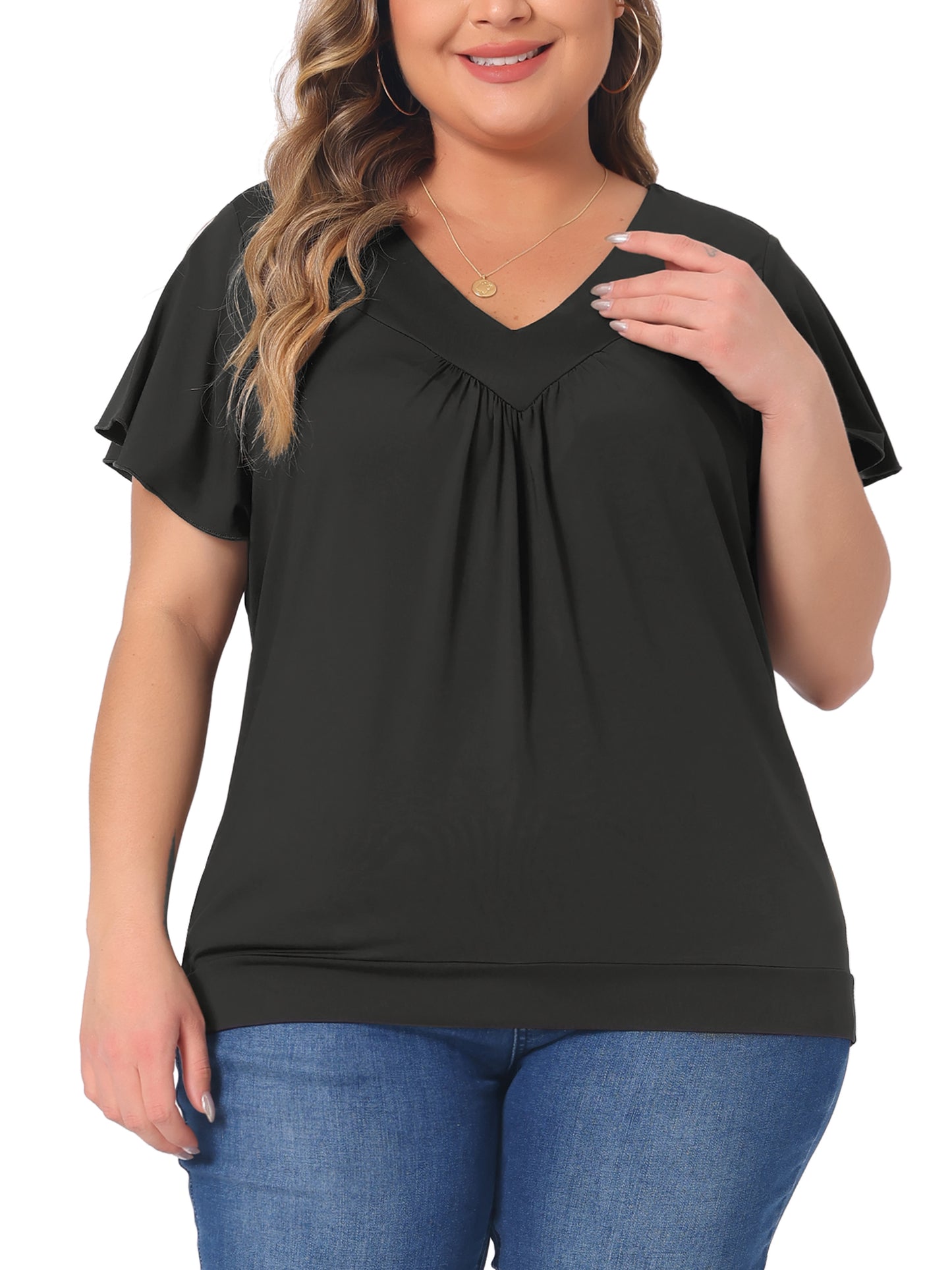 Women Plus Size Top V Neck Ruffle Short Sleeve Blouse Summer Tee Top