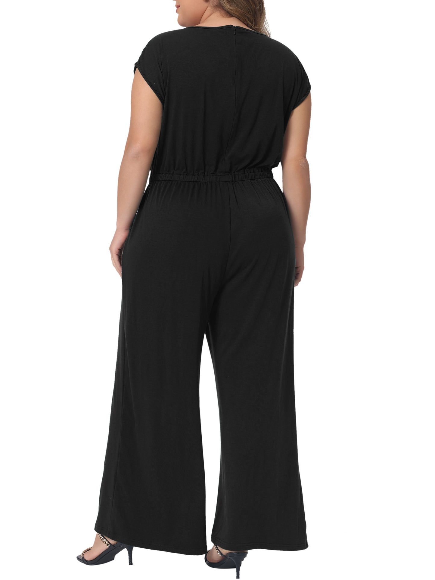 Women Plus Size Overall Rompers V Neck Wide Legs Pants Sleeveless Jumpsuits with Pockets
