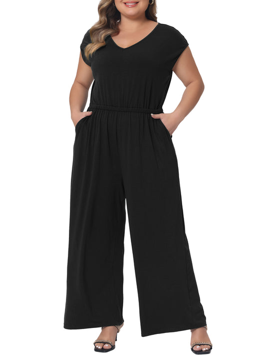 Monos de talla grande para mujer, con cuello en V, piernas anchas, pantalones, sin mangas, con bolsillos
