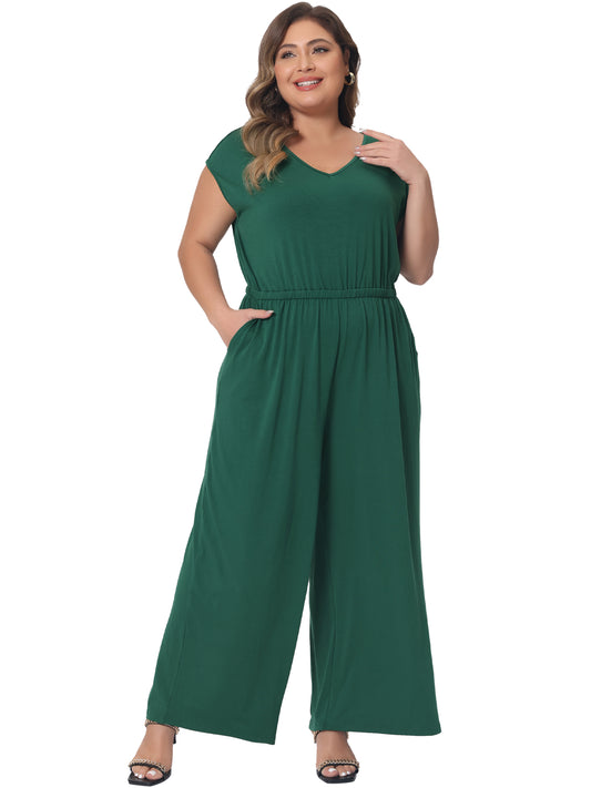 Women Plus Size Overall Rompers V Neck Wide Legs Pants Sleeveless Jumpsuits with Pockets