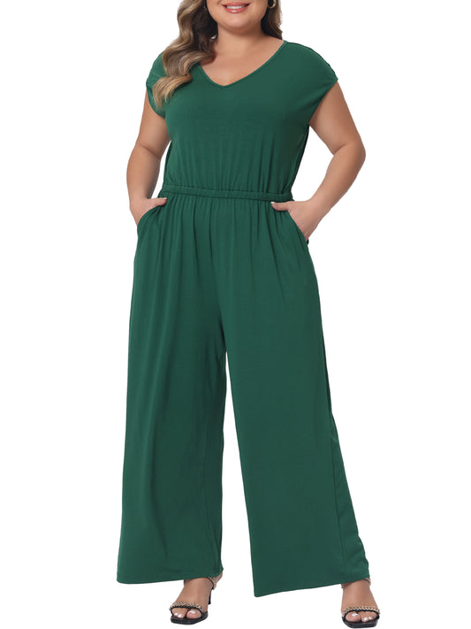 Monos de talla grande para mujer, con cuello en V, piernas anchas, pantalones, sin mangas, con bolsillos