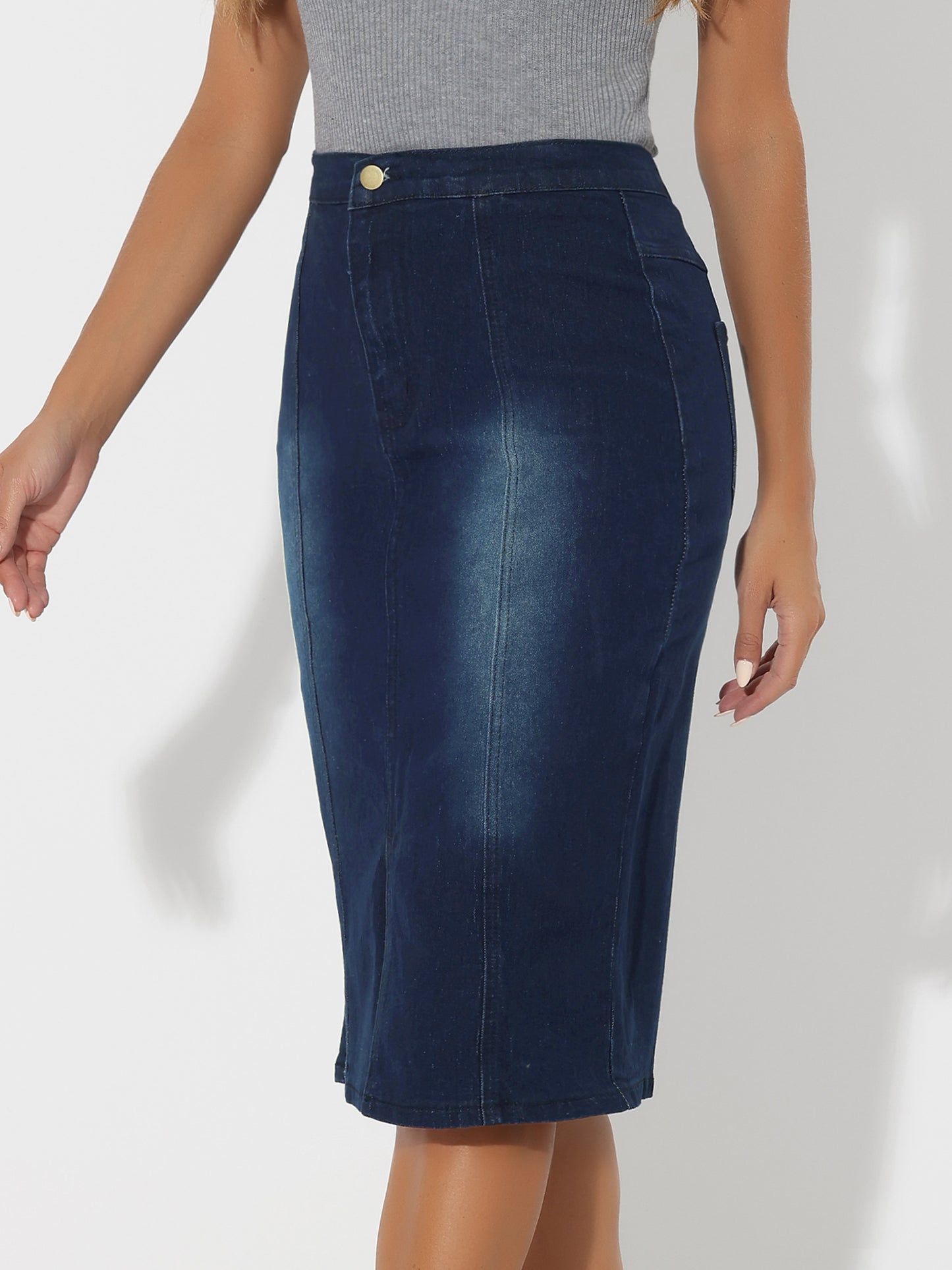 Women's Denim Skirt High Waist Slit Hem Stretch Bodycon Pencil Skirt Knee Length Jean Skirts