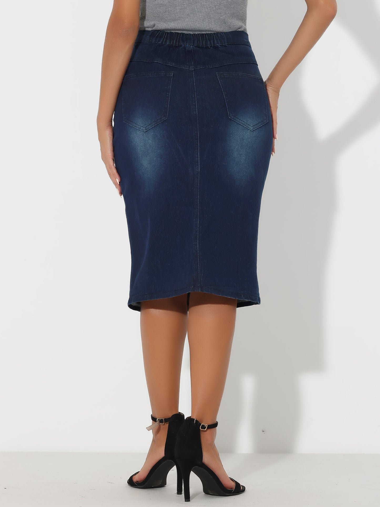 Women's Denim Skirt High Waist Slit Hem Stretch Bodycon Pencil Skirt Knee Length Jean Skirts
