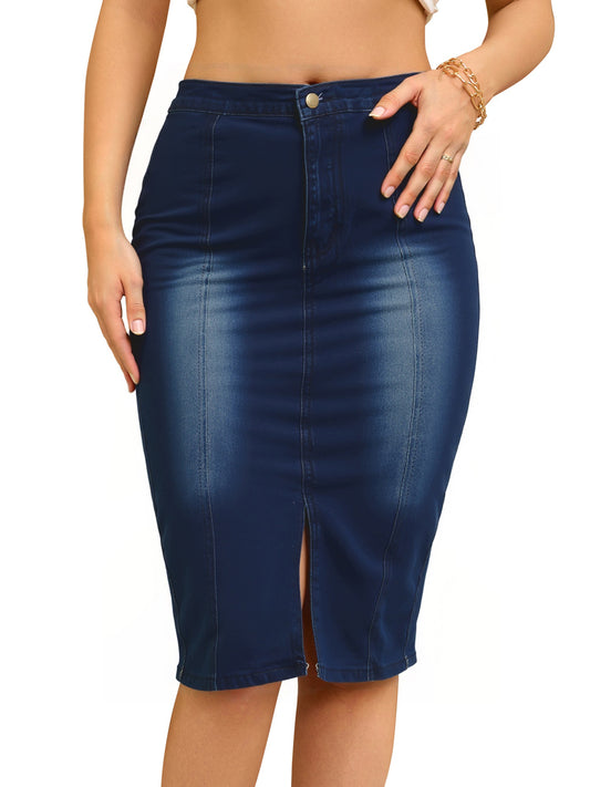 Women's Denim Skirt High Waist Slit Hem Stretch Bodycon Pencil Skirt Knee Length Jean Skirts