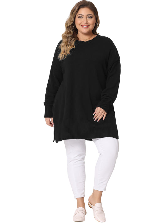 Women Plus Size Sweater Oversized Crew Neck Long Sleeve Slit hem Knit Pullover Sweater Tops