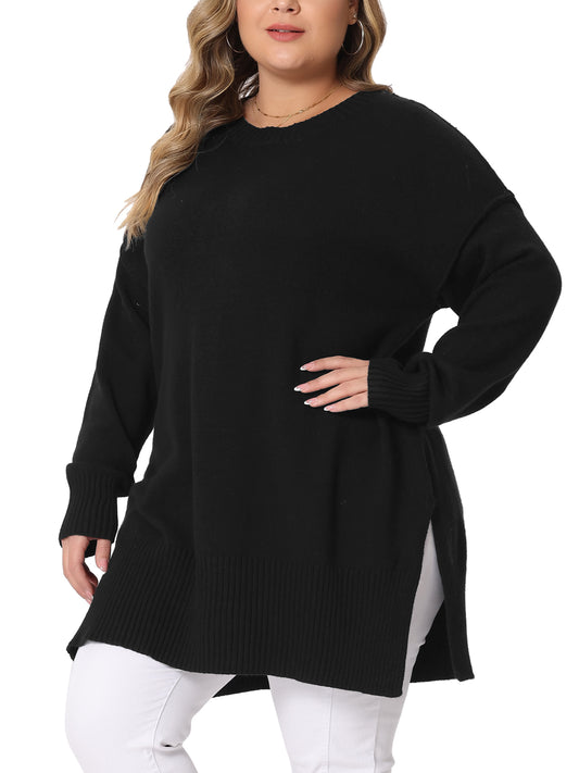 Women Plus Size Sweater Oversized Crew Neck Long Sleeve Slit hem Knit Pullover Sweater Tops