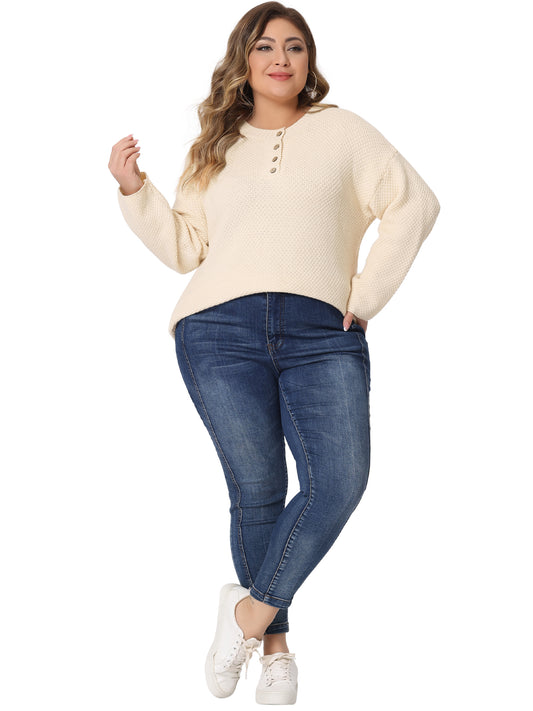 Women Plus Size Sweater Oversized Round Neck Long Sleeve Button Knit Pullover Sweater Tops